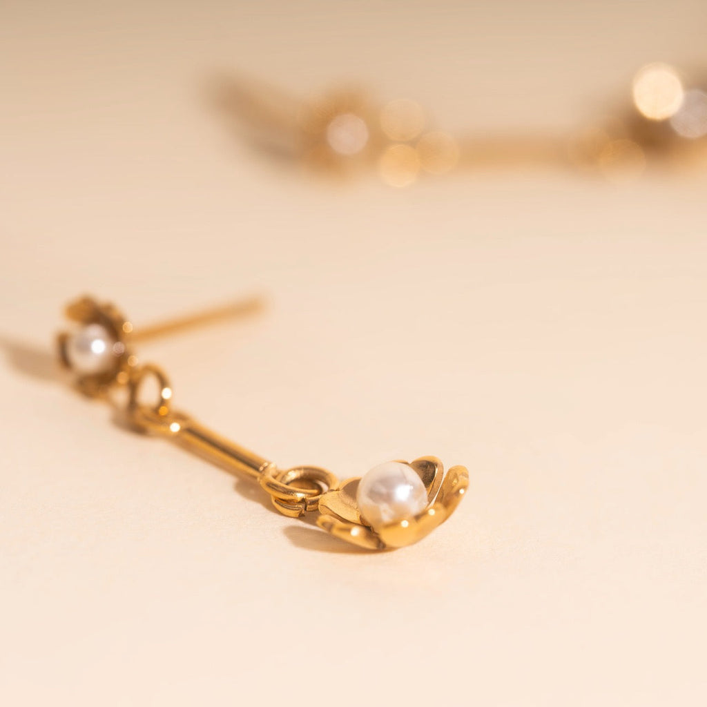 Pearl Flower Dangle Stud Earrings