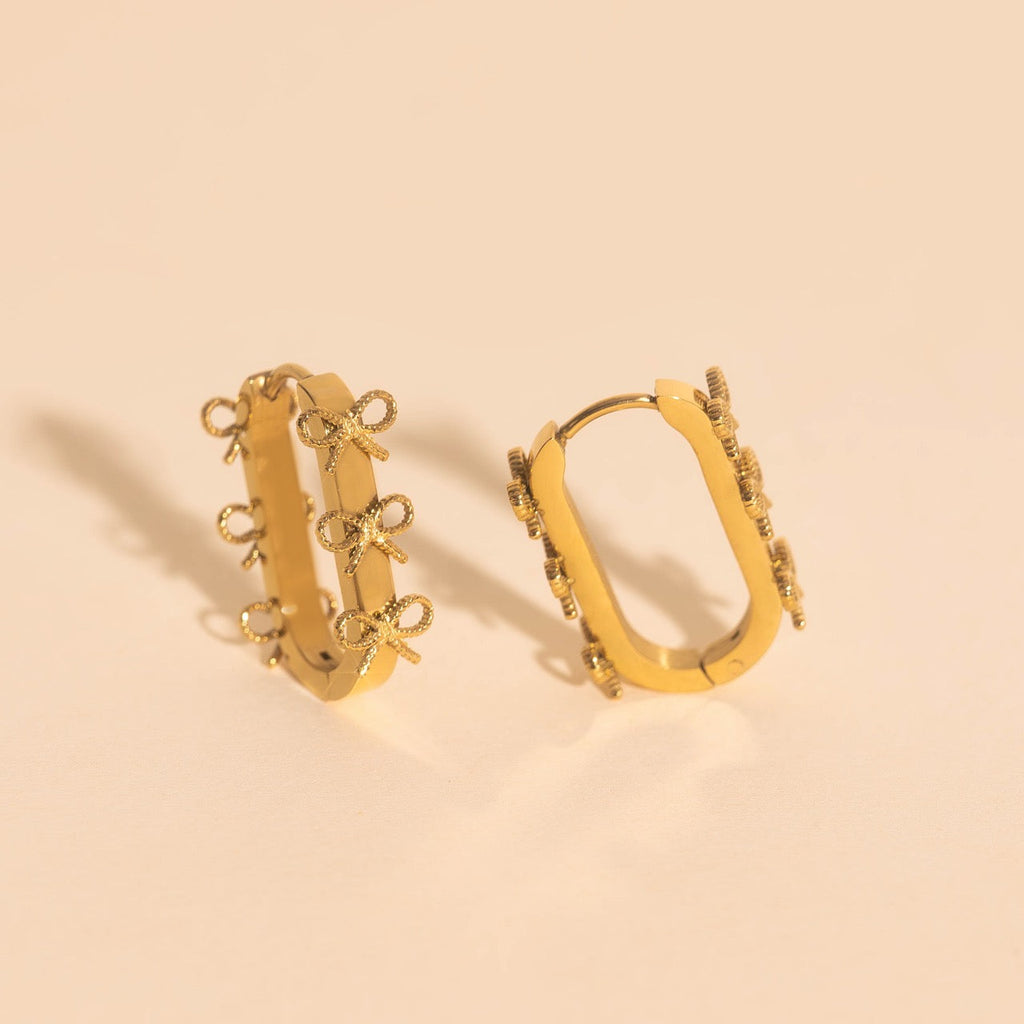 Stacked Rope Bow Oblong 3D Huggie Hoop Earrings