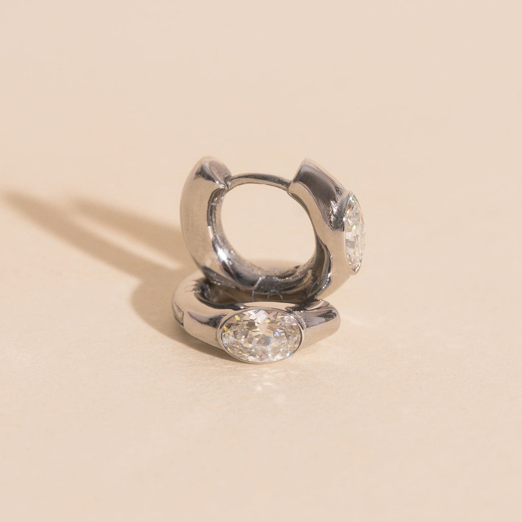 Oval Crystal Chunky Rounded Huggie Hoop Earrings