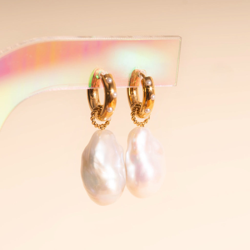 Jumbo Baroque Natural Pearl Huggie Hoop Charms