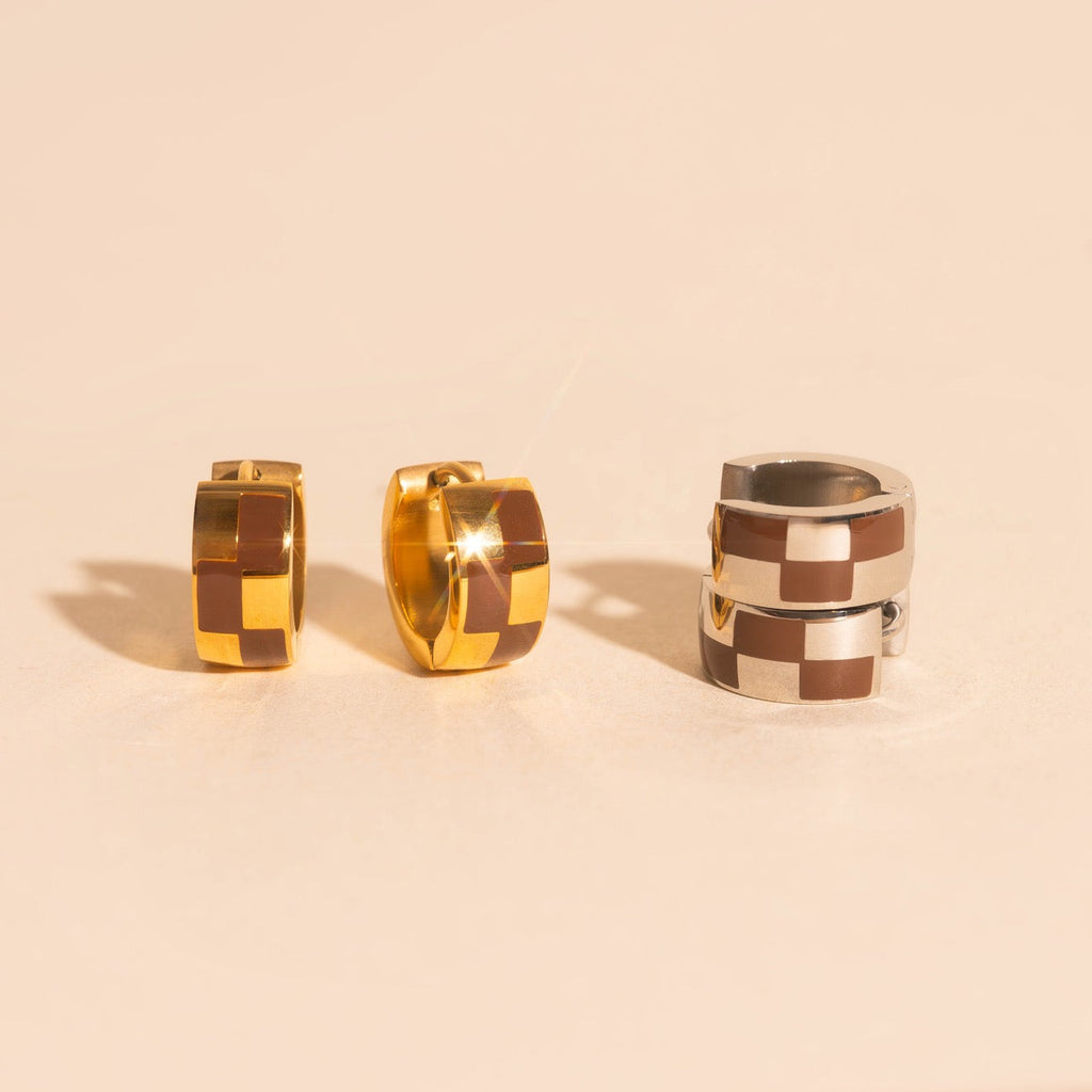 Checkered Rounded Super Chunky Huggie Hoop Earrings