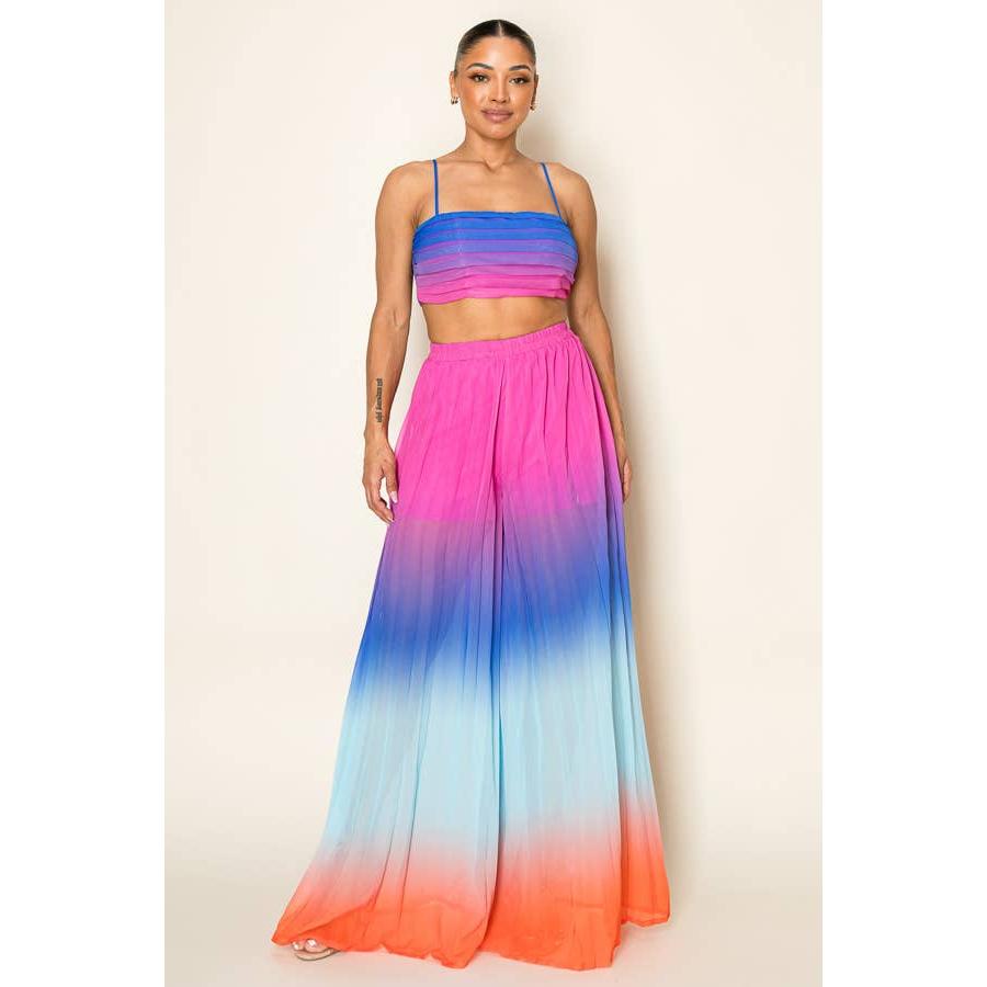 Ombre Pleated Bra Top & Wide Leg Pants Set | Rainbow Summer Beach Pool Attire