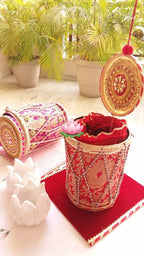 Brocade Dholak Giveaway Box with 1kg Capacity for Wedding, Mehendi, Sangeet, Pooja or Diwali Decor.