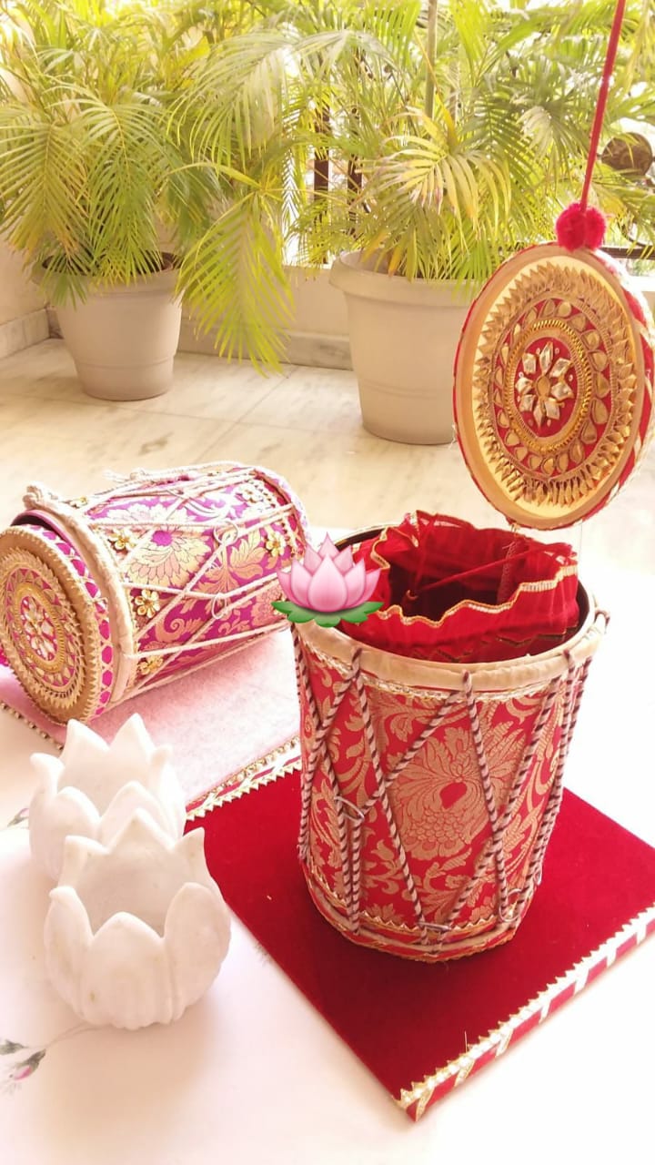 Brocade Dholak Giveaway Box with 1kg Capacity for Wedding, Mehendi, Sangeet, Pooja or Diwali Decor.