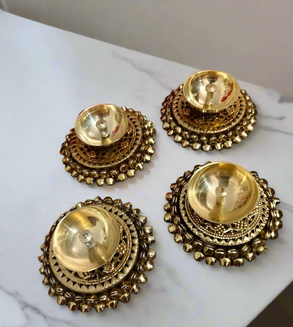 Brass Akhand Diya's with Ghungroo Base in Metal Gift Box with Ganesha Decal