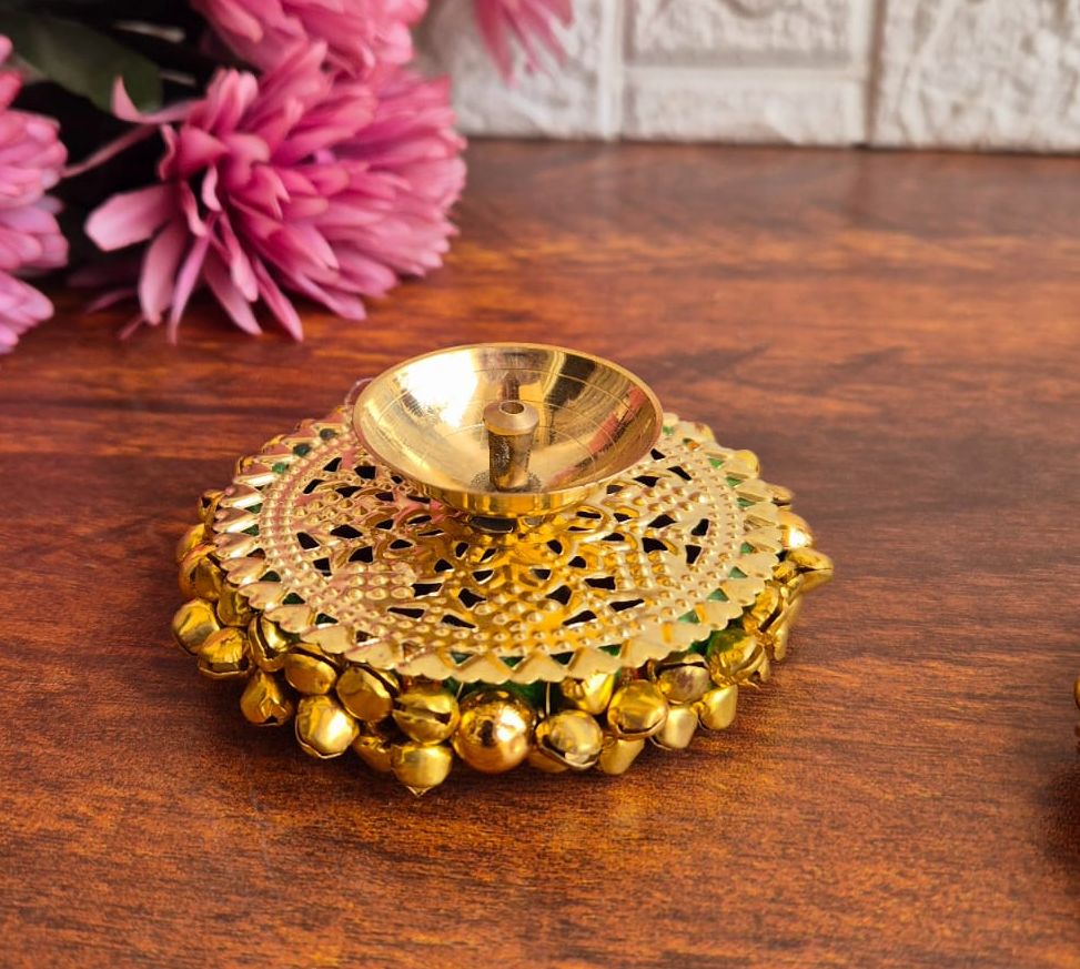Brass Akhand Diya's with Ghungroo Base in Metal Gift Box with Ganesha Decal