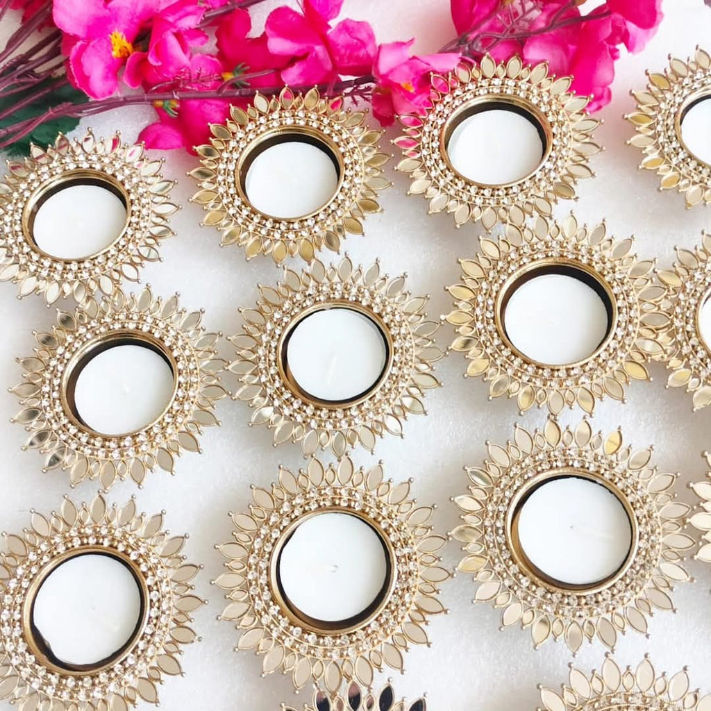 Mirror Metal Diya / T-Light Holder  - Exquisite Flower Shaped Diya - Diwali or Indian Celebration Return Gift -Set of 2