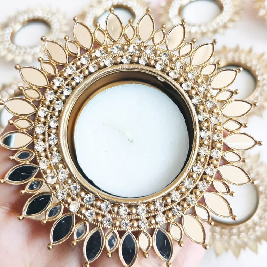 Mirror Metal Diya / T-Light Holder  - Exquisite Flower Shaped Diya - Diwali or Indian Celebration Return Gift
