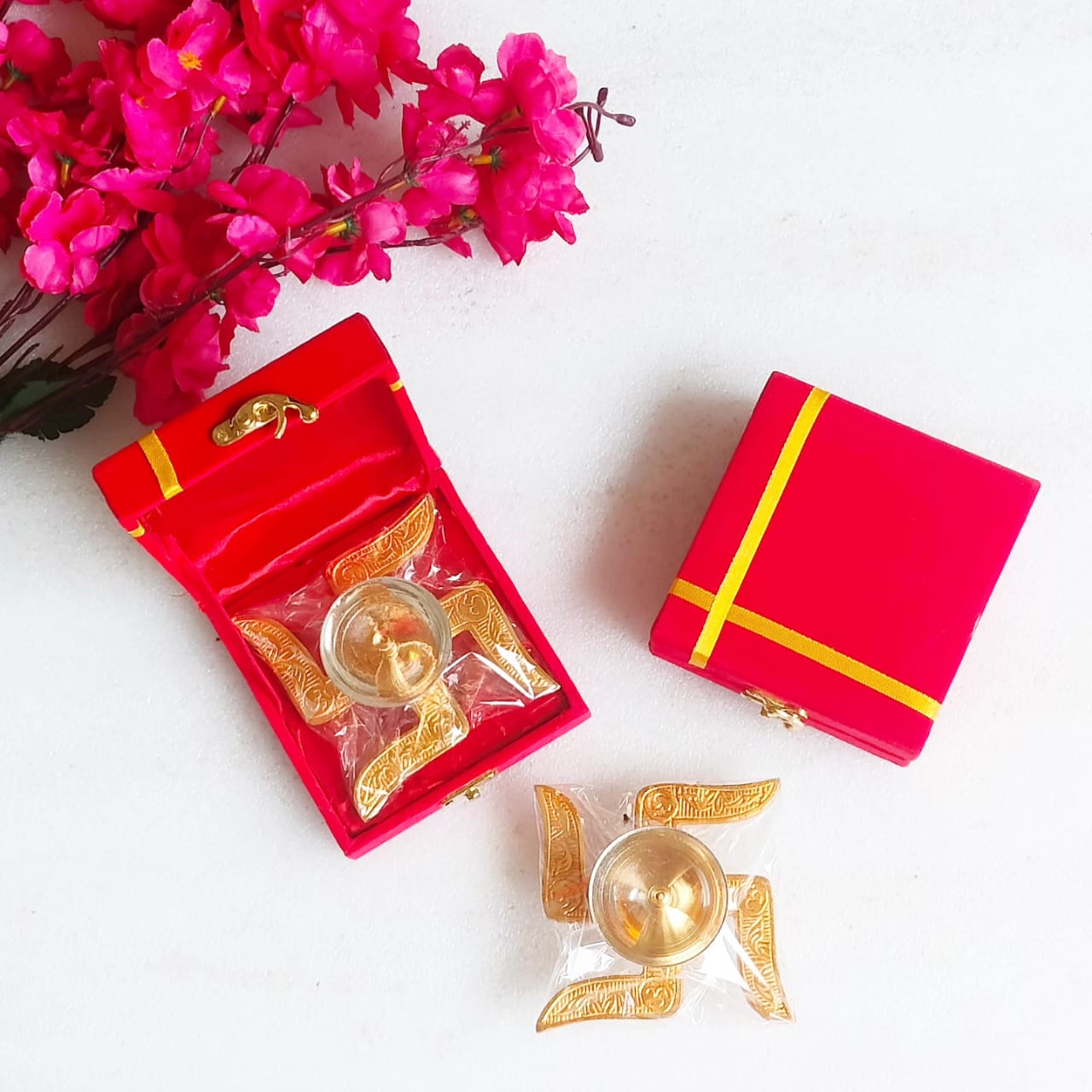 Metal Swastik Akhand Diya in Velvet Gift Box - Perfect Housewarming or Hostess Gift