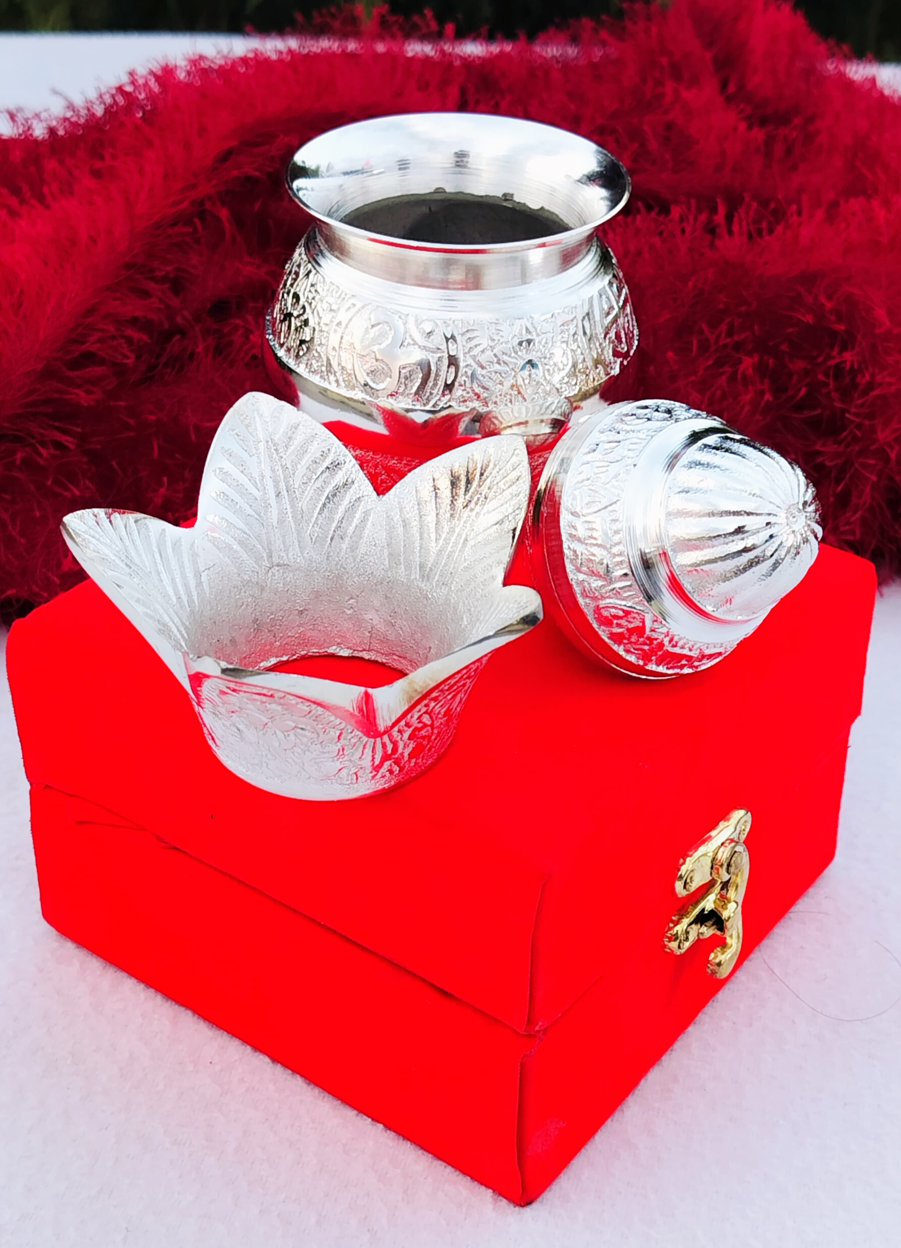 German Silver Mangal Kalash for Puja Or Housewarming Gift In Potli Bag