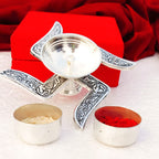 German Silver Combo of Swastik Diya with Two Haldi Kumkum Bowls