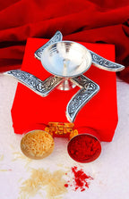 German Silver Combo of Swastik Diya with Two Haldi Kumkum Bowls