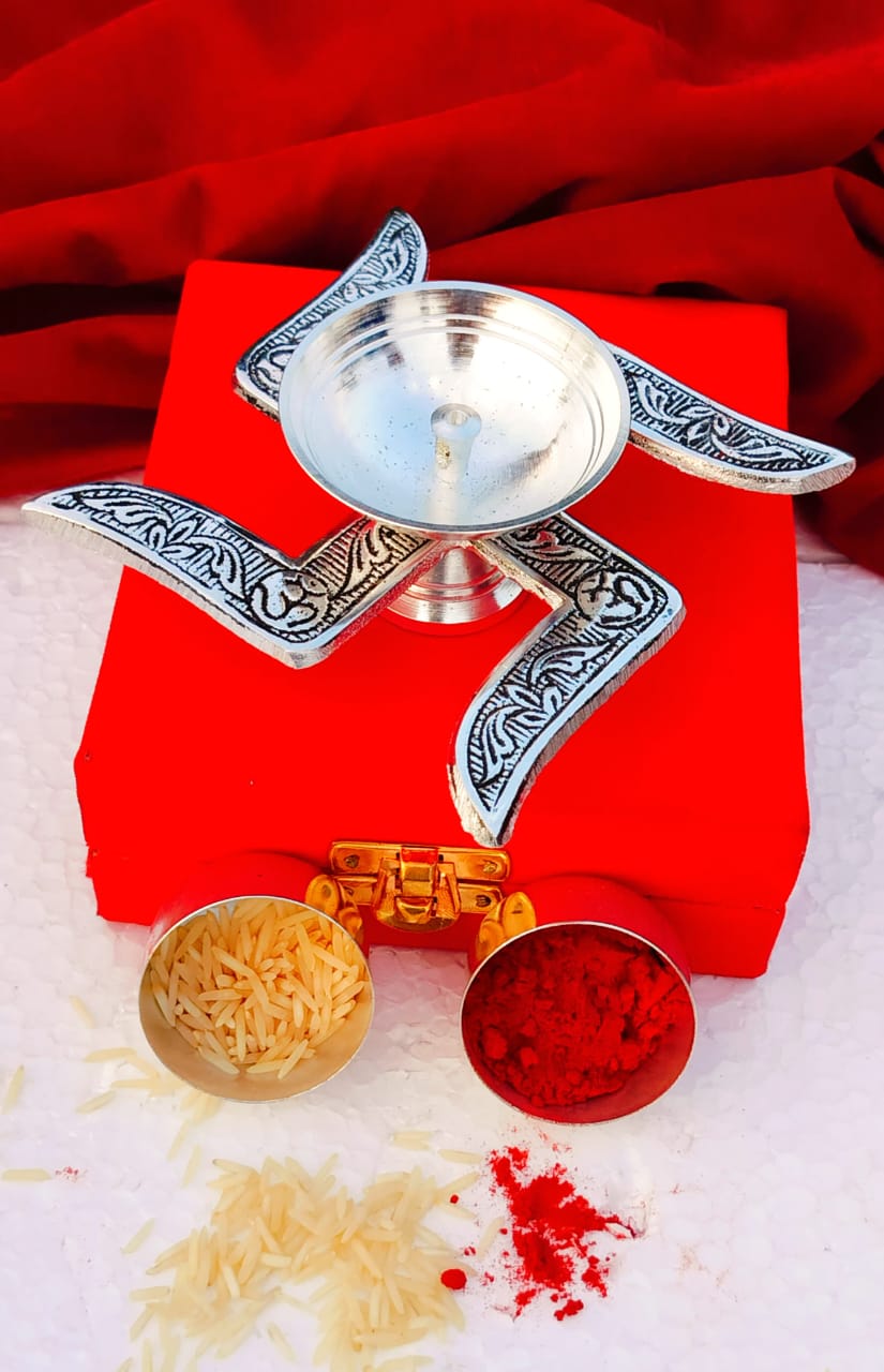 German Silver Combo of Swastik Diya with Two Haldi Kumkum Bowls