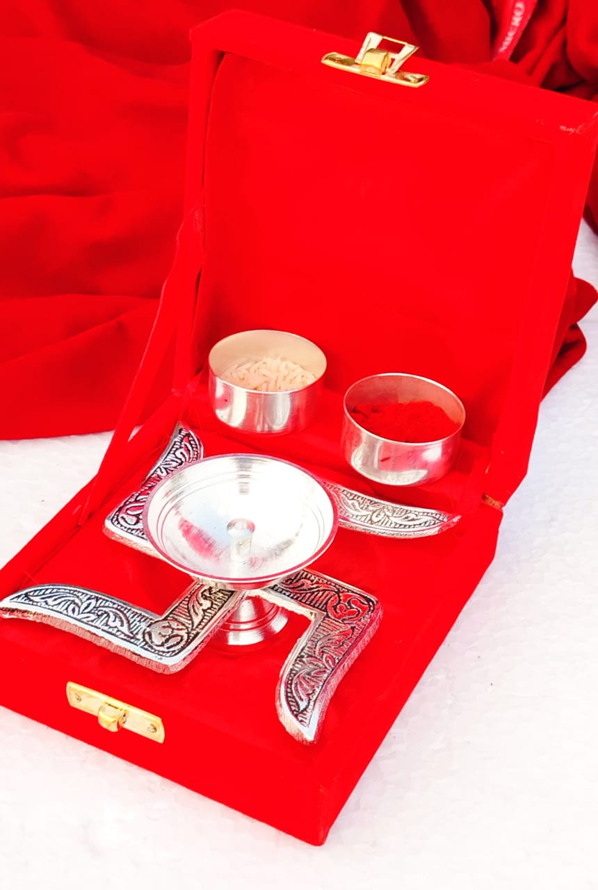 German Silver Combo of Swastik Diya with Two Haldi Kumkum Bowls