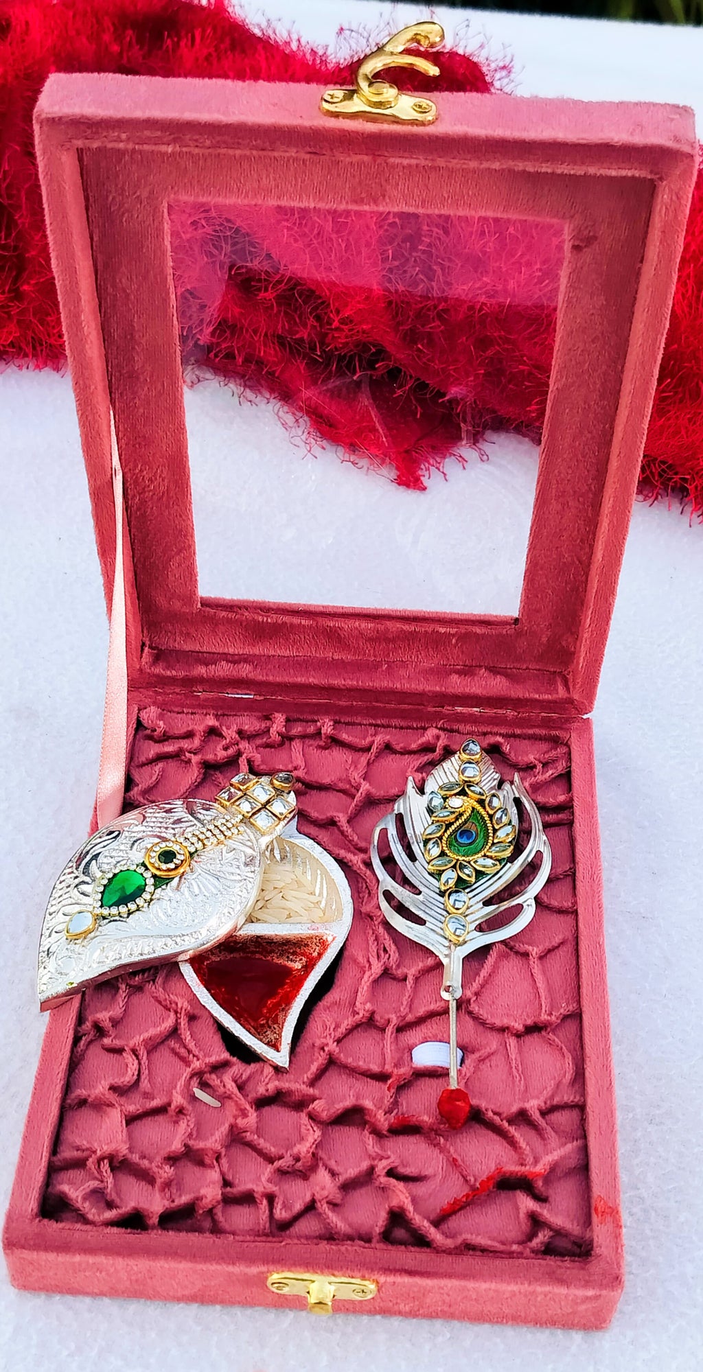German Silver Combo of Koyari Haldi Kumkum Dani with Peacock Feather Stick In Velvet Box