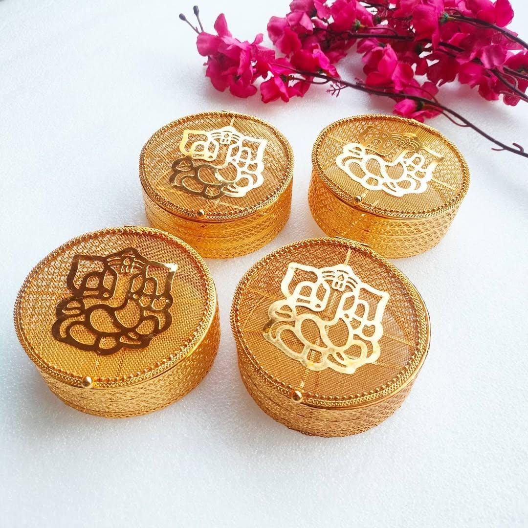 Round Golden Metal Ganesha Gift Boxes -  Perfect To Pack Small Gifts Like Diya, Jewelry