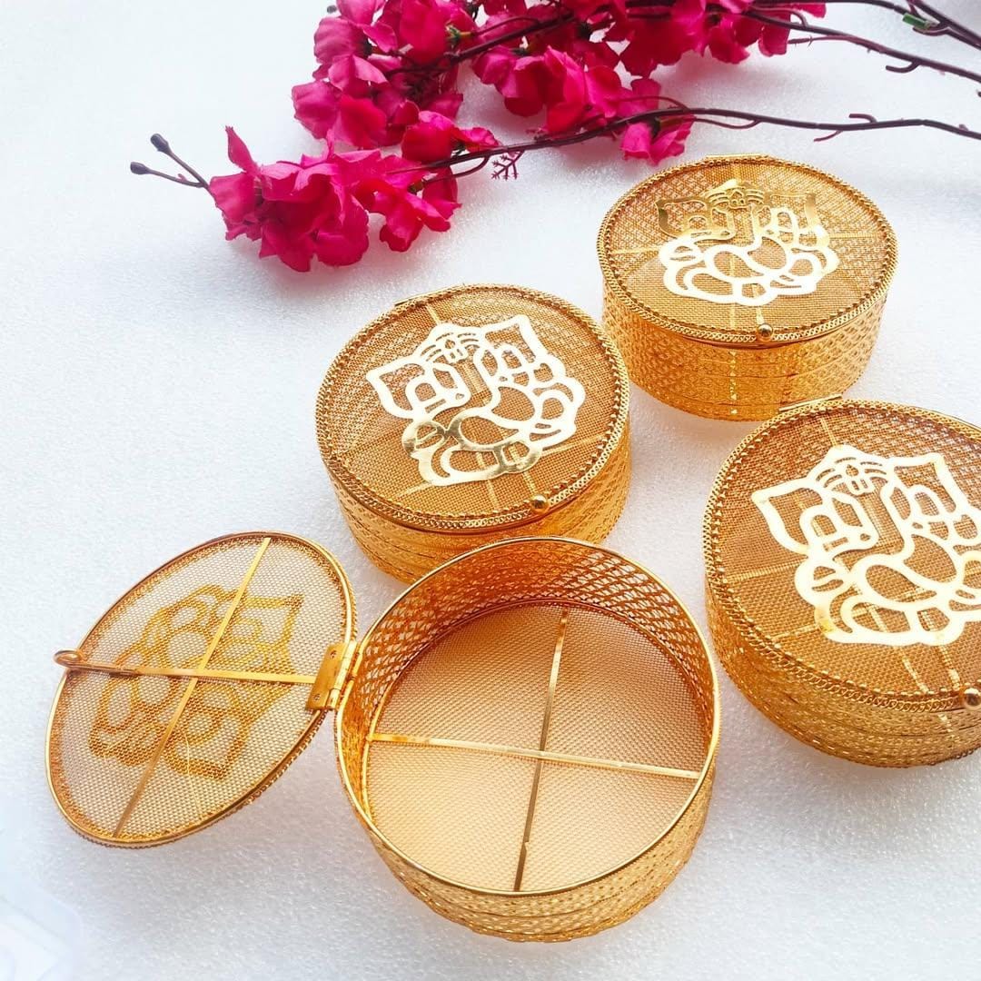 Round Golden Metal Ganesha Gift Boxes -  Perfect To Pack Small Gifts Like Diya, Jewelry