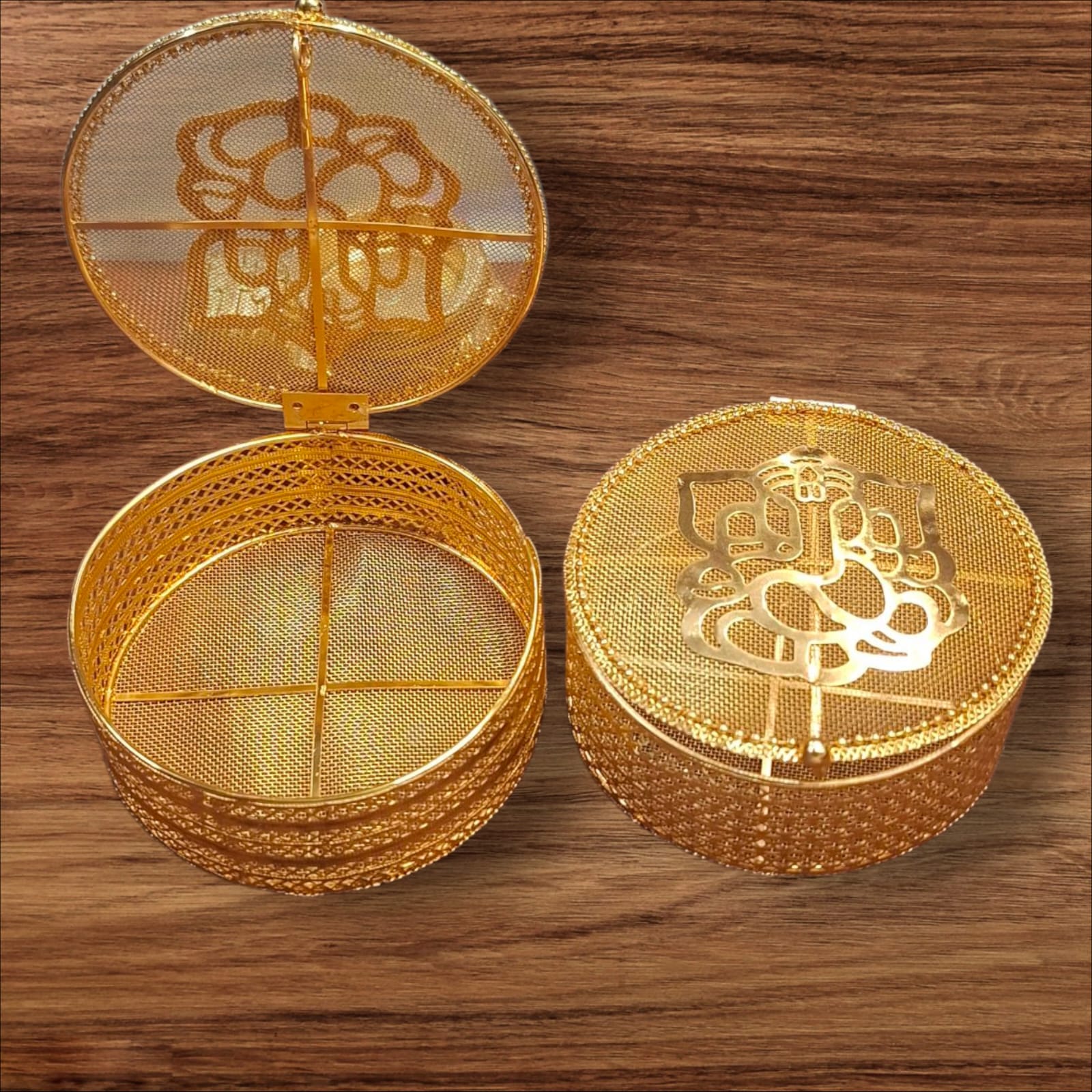 Round Golden Metal Ganesha Gift Boxes -  Perfect To Pack Small Gifts Like Diya, Jewelry