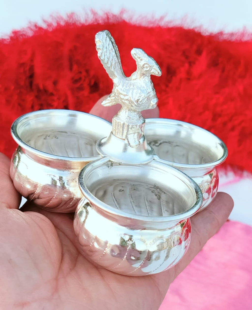 German Silver Peacock Design 3 Bowl Kumkum Holder