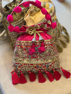 Silk Potli Bag with Hand Embroidery, Pom Pom & Tassels