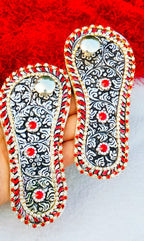 Antique Finish German Silver Laxmi Charan Paduka with Stone Work in Matching Potli