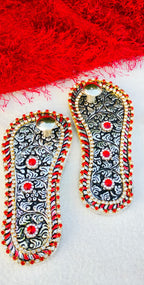 Antique Finish German Silver Laxmi Charan Paduka with Stone Work in Matching Potli