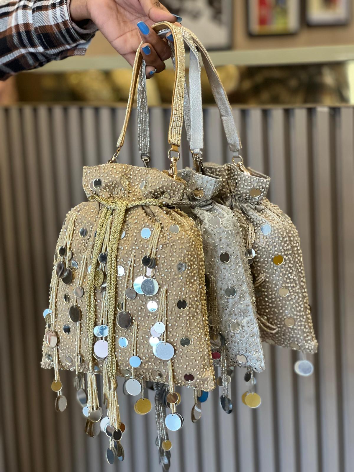 Metallic Mirror Tassels Potli (Drawstring) Bags