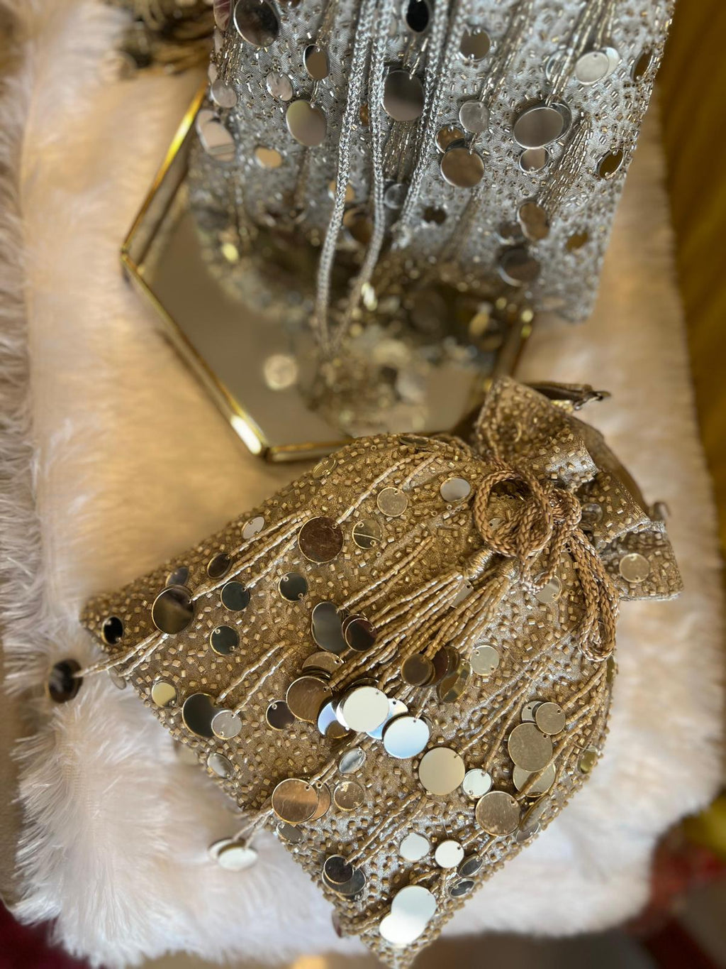 Metallic Mirror Tassels Potli (Drawstring) Bags