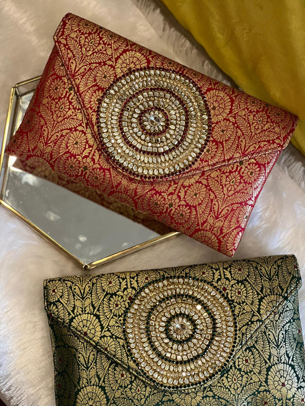 Rich Brocade Zari Clutch with Circular Motif With Stone