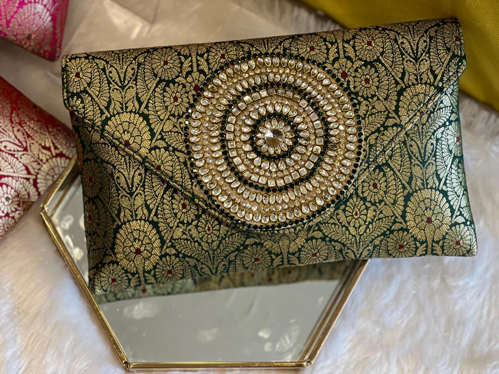 Rich Brocade Zari Clutch with Circular Motif With Stone