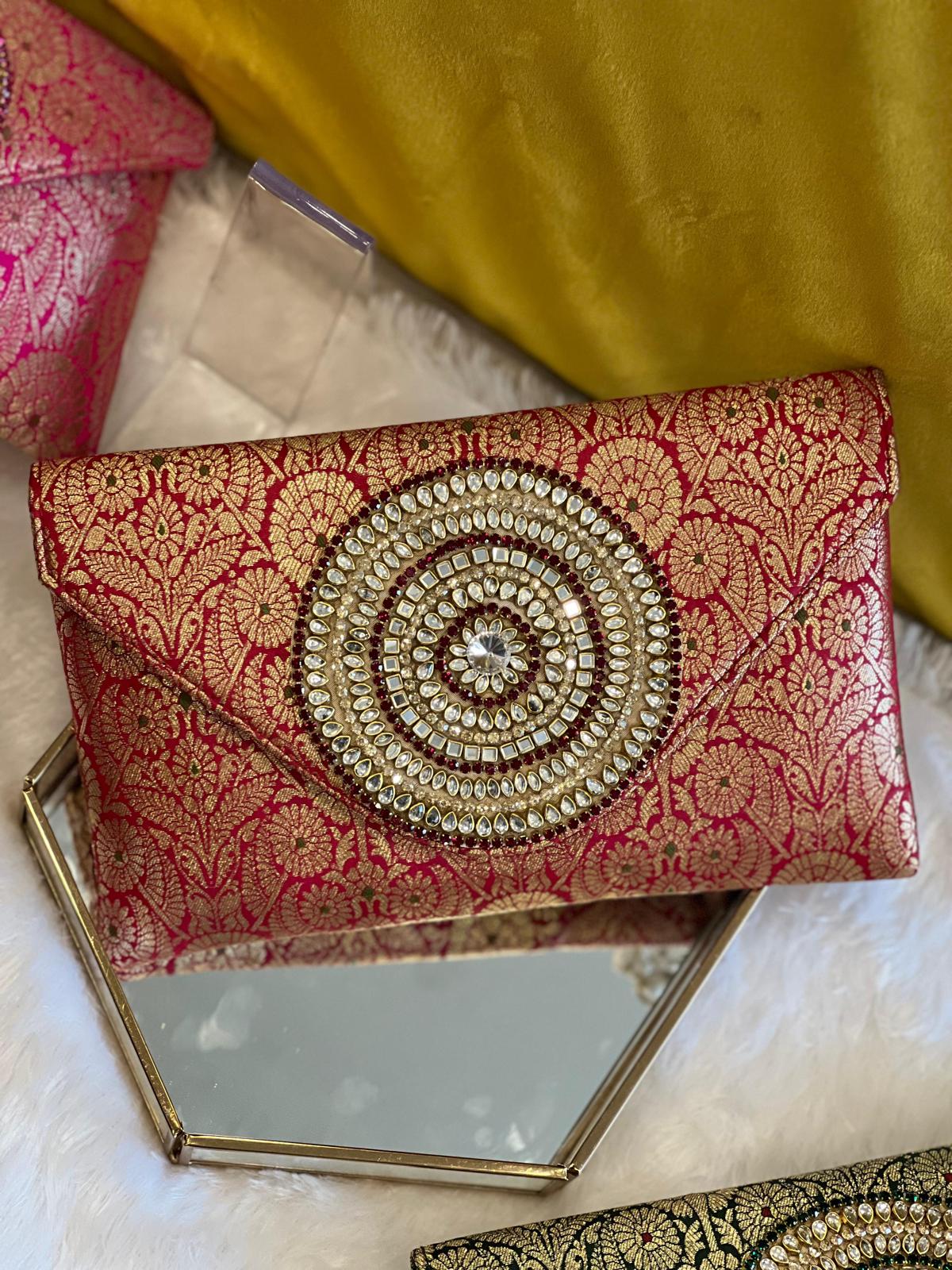 Rich Brocade Zari Clutch with Circular Motif With Stone