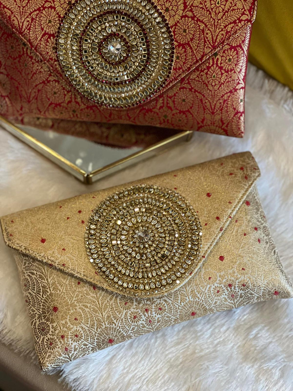 Rich Brocade Zari Clutch with Circular Motif With Stone