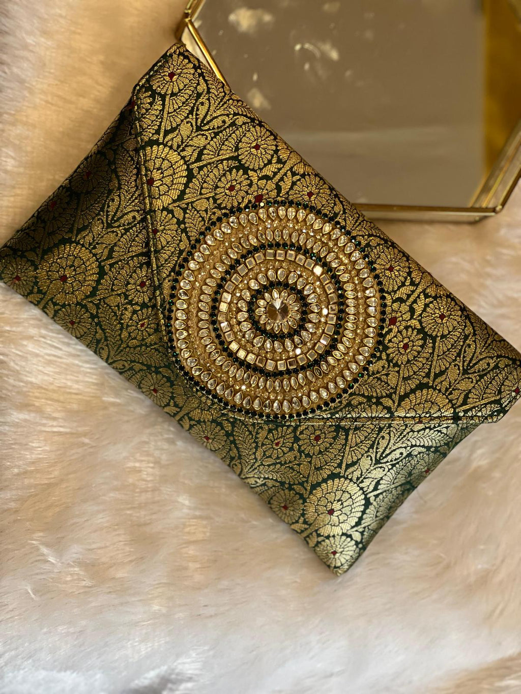 Rich Brocade Zari Clutch with Circular Motif With Stone