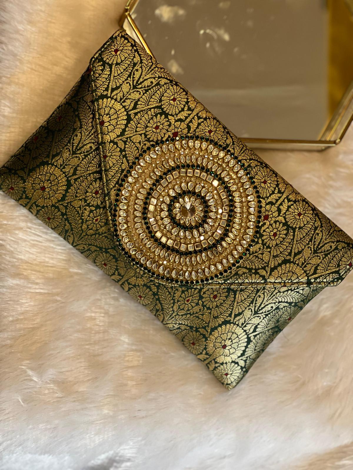 Rich Brocade Zari Clutch with Circular Motif With Stone