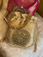 Rich Brocade Zari Potli Bag with Circular Motif With Stone