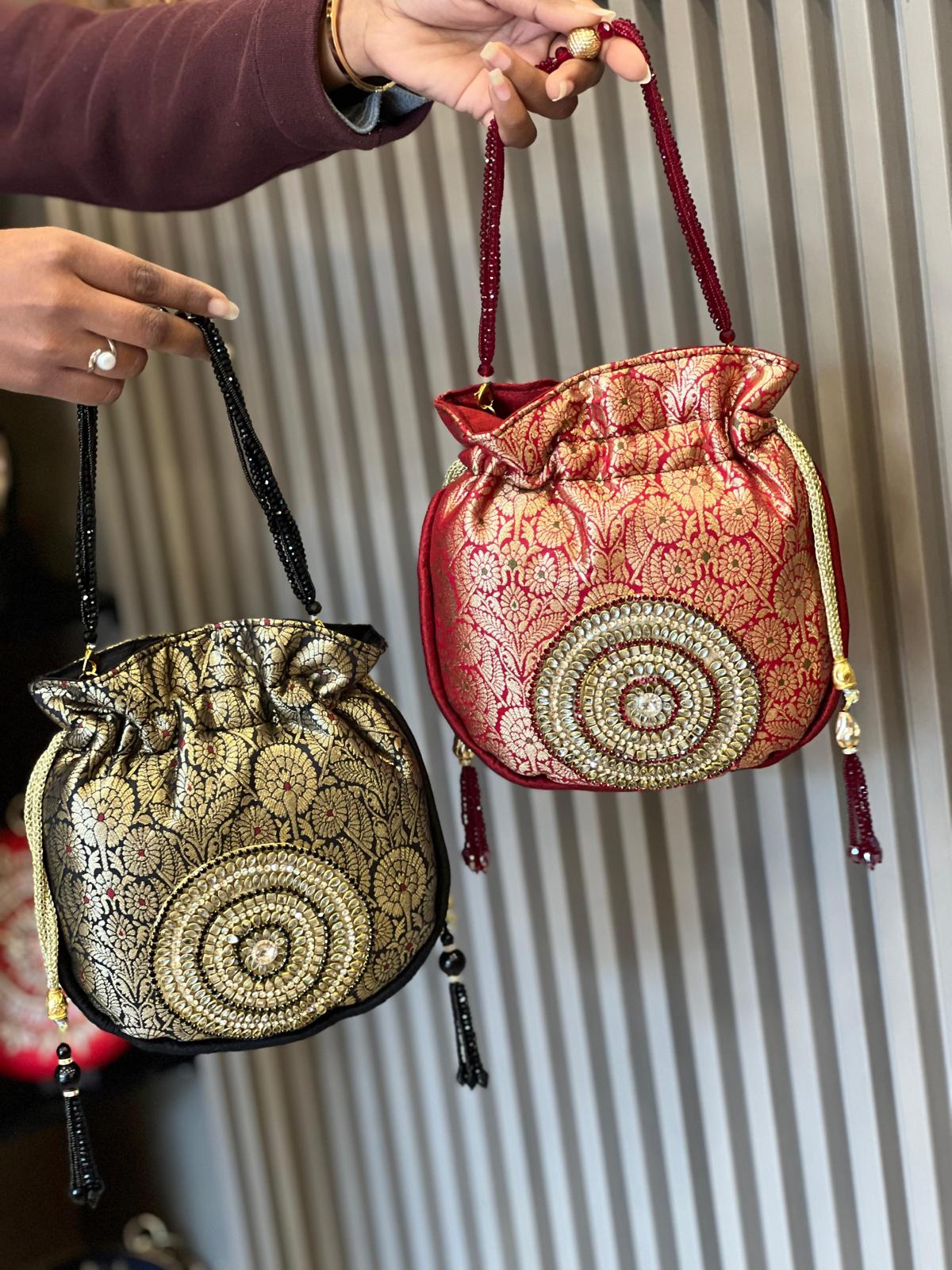 Rich Brocade Zari Potli Bag with Circular Motif With Stone