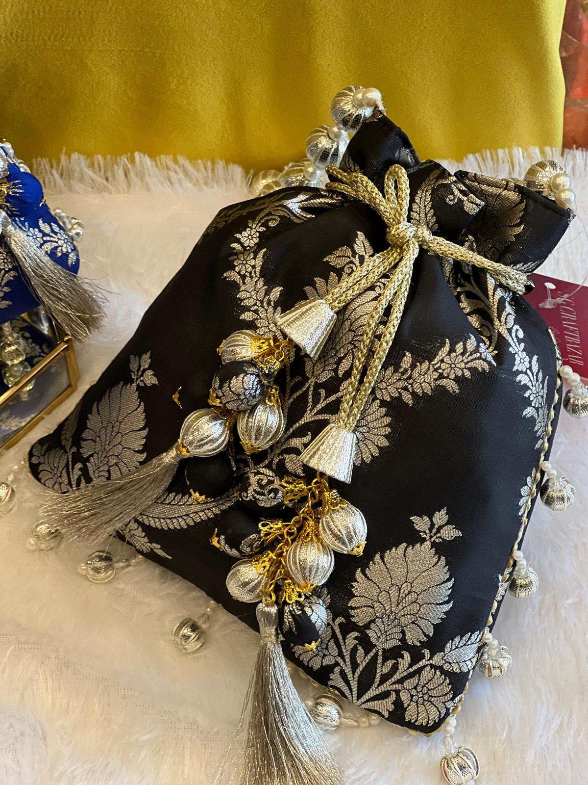 Rich Banarasi Silk Potli Bag with Gota Ball Belt