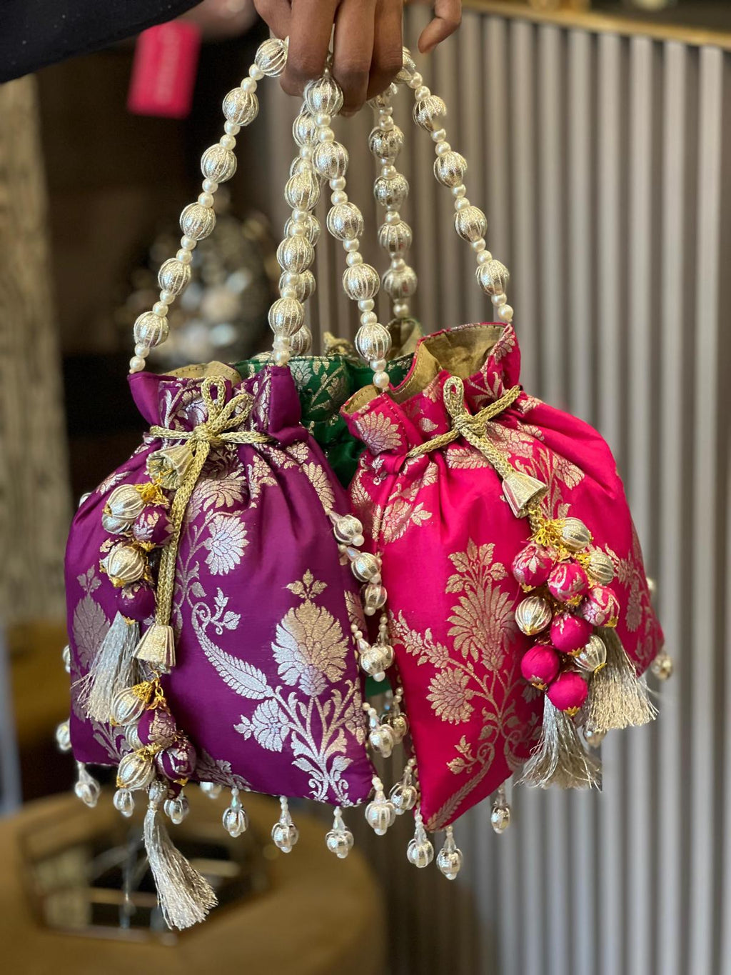 Rich Banarasi Silk Potli Bag with Gota Ball Belt