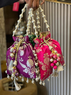 Rich Banarasi Silk Potli Bag with Gota Ball Belt