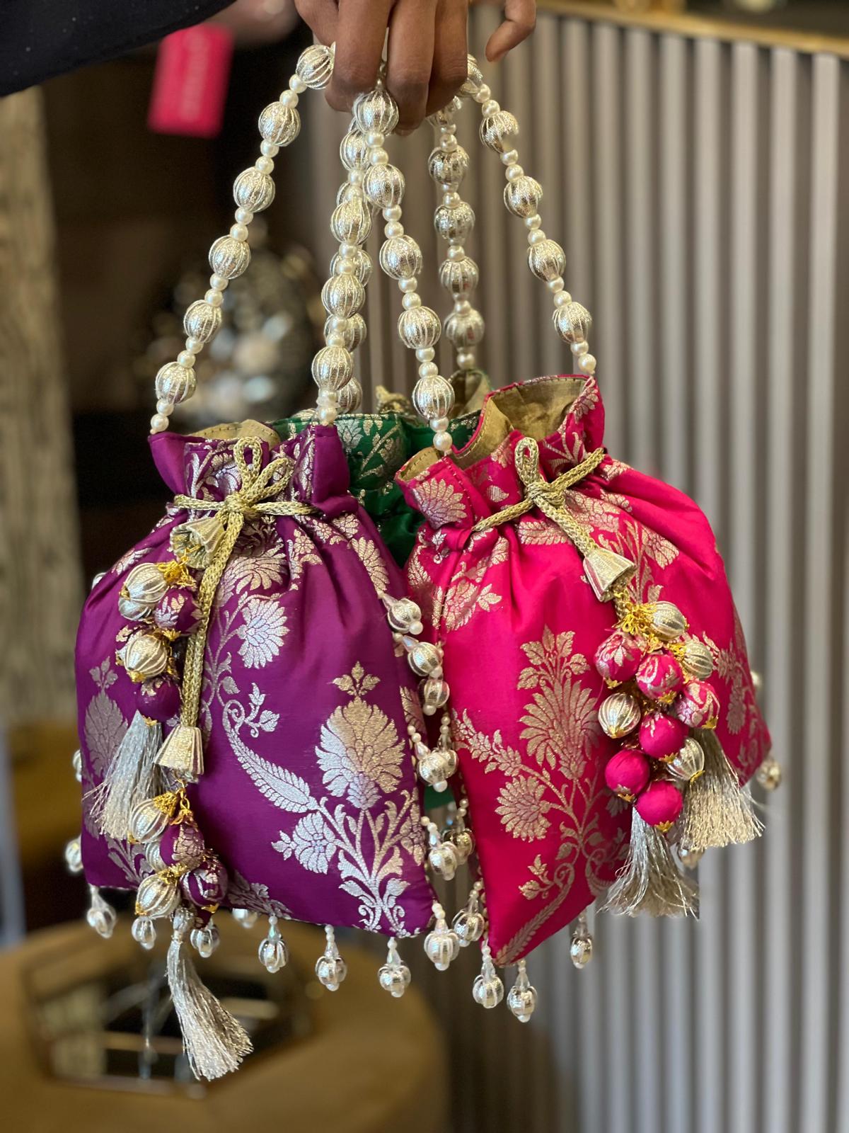 Rich Banarasi Silk Potli Bag with Gota Ball Belt
