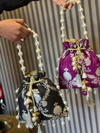 Rich Banarasi Silk Potli Bag with Gota Ball Belt