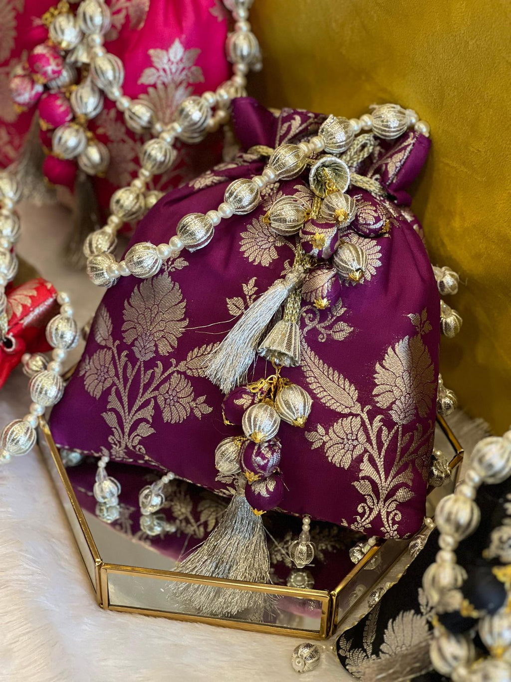 Rich Banarasi Silk Potli Bag with Gota Ball Belt