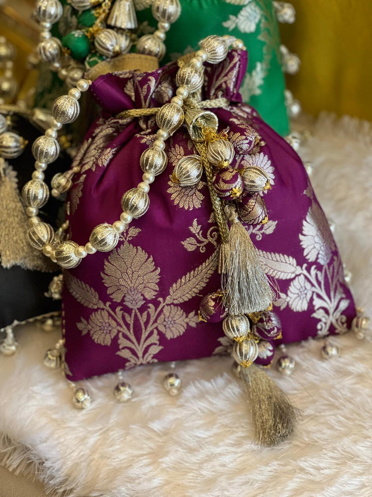 Rich Banarasi Silk Potli Bag with Gota Ball Belt