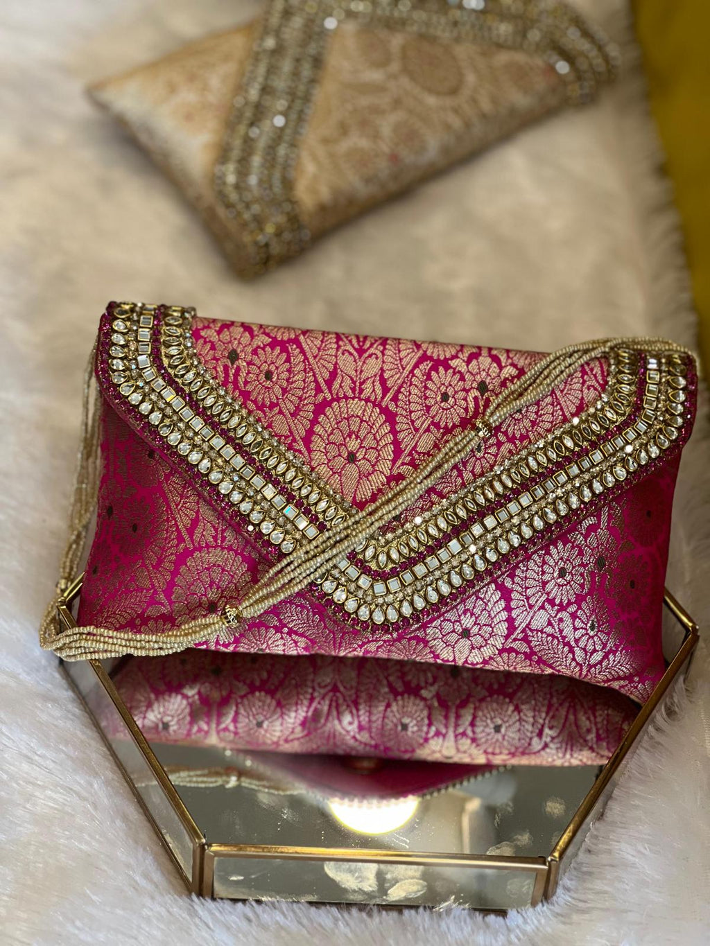 Brocade Elegant Envelope-style Clutch with Stone on Edges