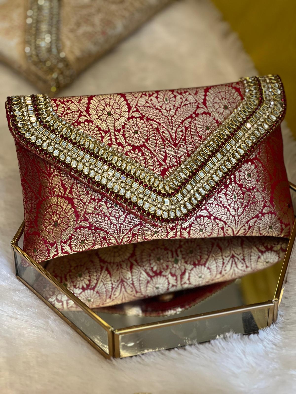 Brocade Elegant Envelope-style Clutch with Stone on Edges