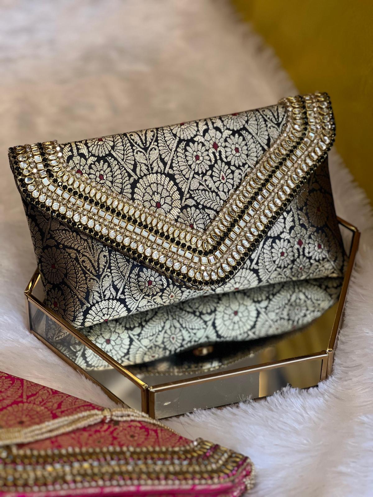 Brocade Elegant Envelope-style Clutch with Stone on Edges