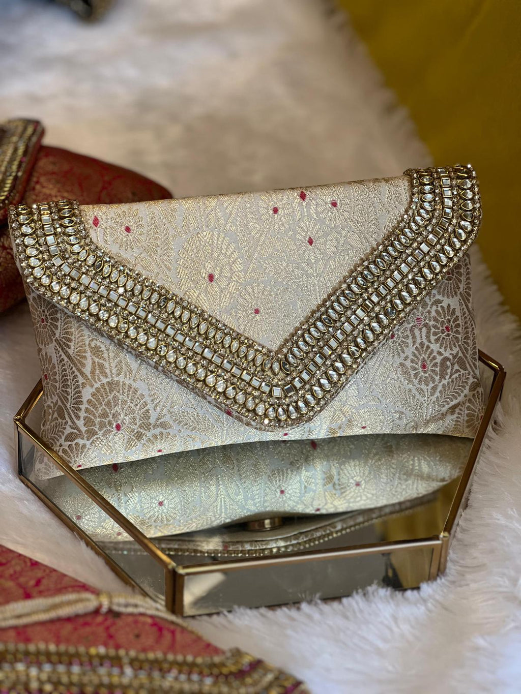 Brocade Elegant Envelope-style Clutch with Stone on Edges
