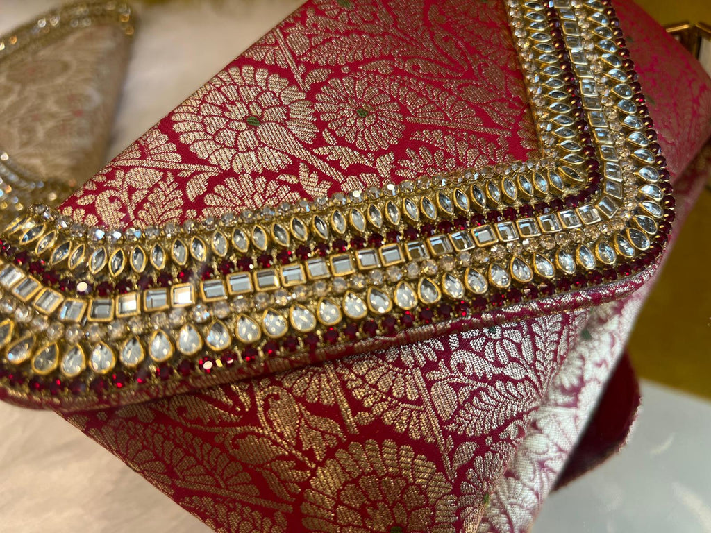 Brocade Elegant Envelope-style Clutch with Stone on Edges