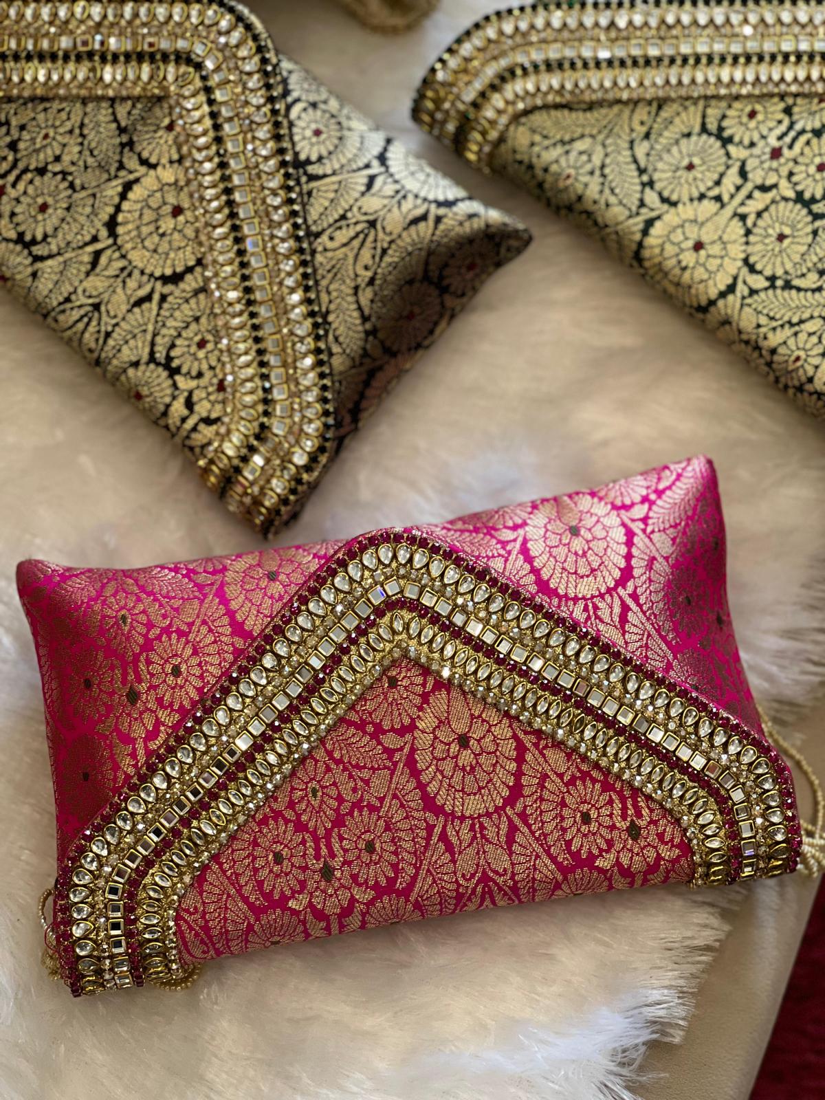 Brocade Elegant Envelope-style Clutch with Stone on Edges