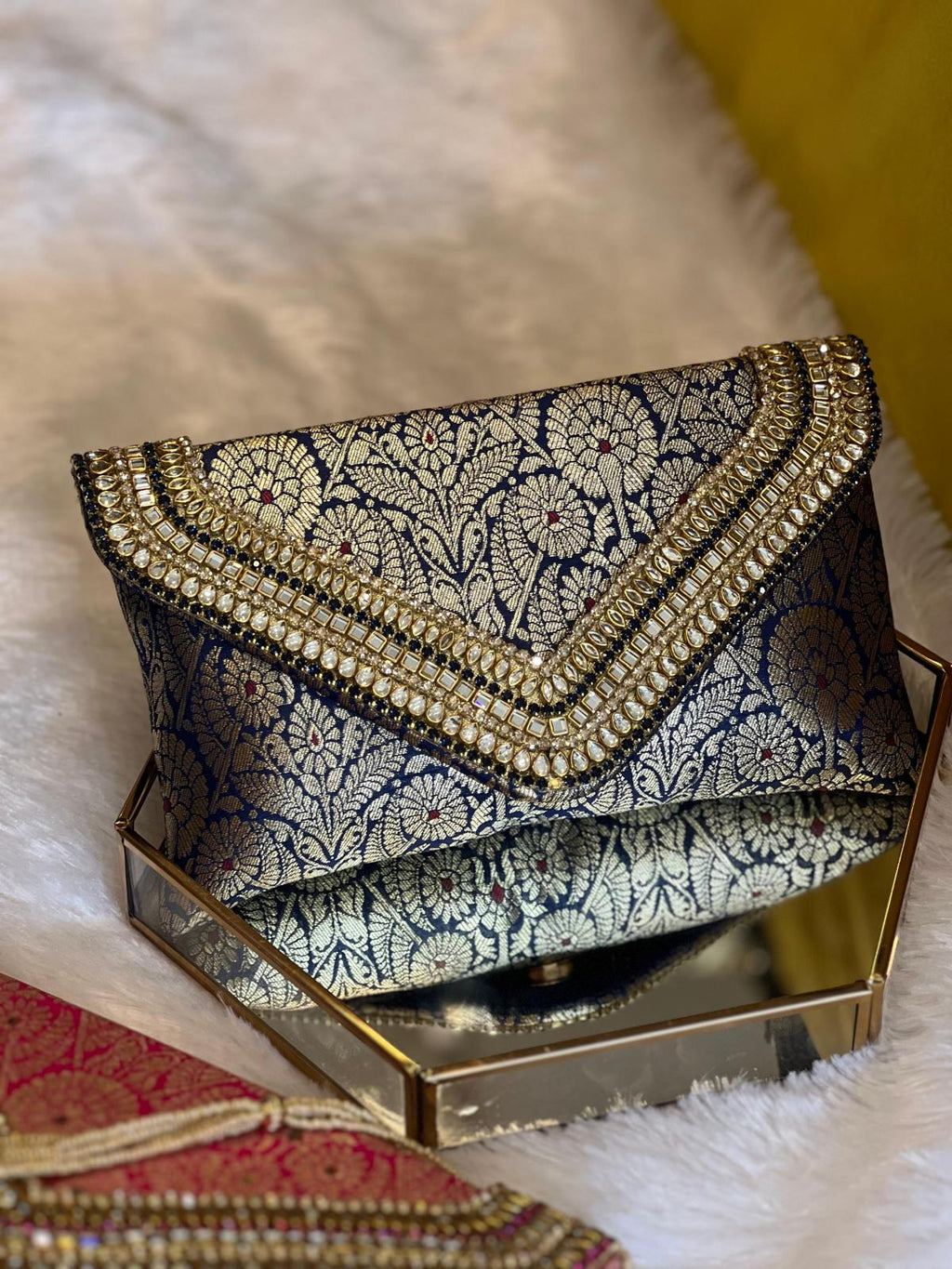 Brocade Elegant Envelope-style Clutch with Stone on Edges